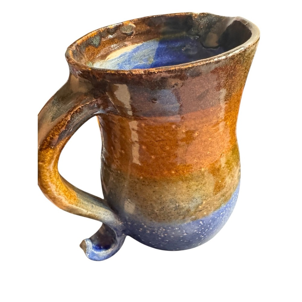 Vintage Hand thrown Pottery Glazed Pitcher Blue Brown Green Signed JW 7.5"x4.5"